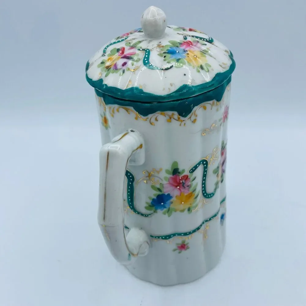 Vintage Porcelain Hot Chocolate Pot Pitcher With Lid Hand Painted Floral Green
